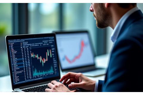 Mann analysiert Finanzdaten auf einem Laptop mit Diagrammen