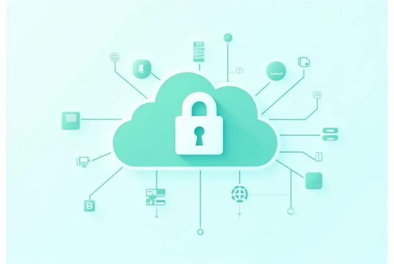 Grafik zur Datensicherheit, die ein Vorhängeschloss auf einer digitalen Wolke zeigt