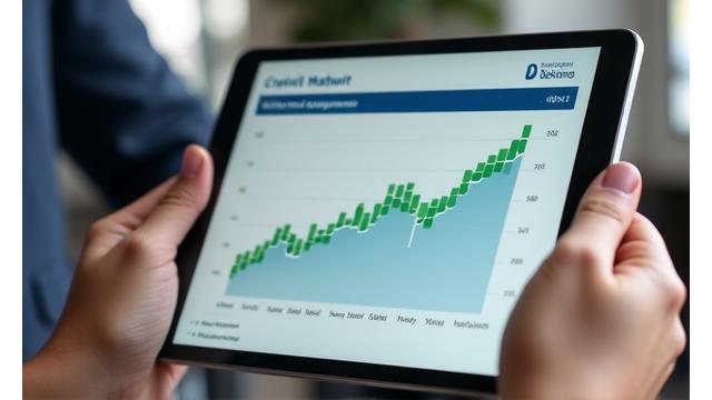Eine Person betrachtet auf einem Tablet Diagramme zum Schufa-Score mit blauen und grünen Akzenten.