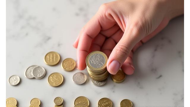 Eine Hand sortiert Münzen in verschiedene Stapel, die effektives Schuldenmanagement symbolisieren.